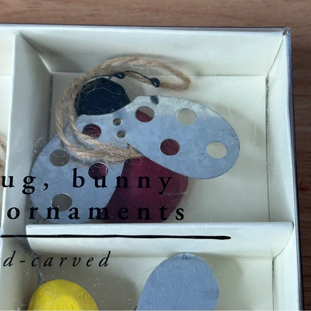 Ladybug Bunny and Bee Ornaments Pier 1 Imports Hand Carved Wood Artsy Rustic